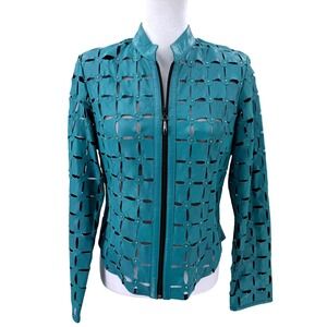 Stillman Studio Vintage Teal Lamb Leather Laser Cut Studded Zip Jacket Medium